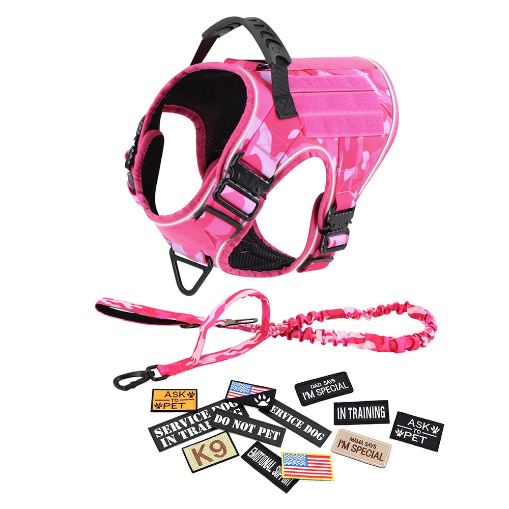 Reflective Dog Harness with 4 Metal Buckles Military Pet Training Vest Harnesses Leash Patches Tactical Large Dogs Accessories