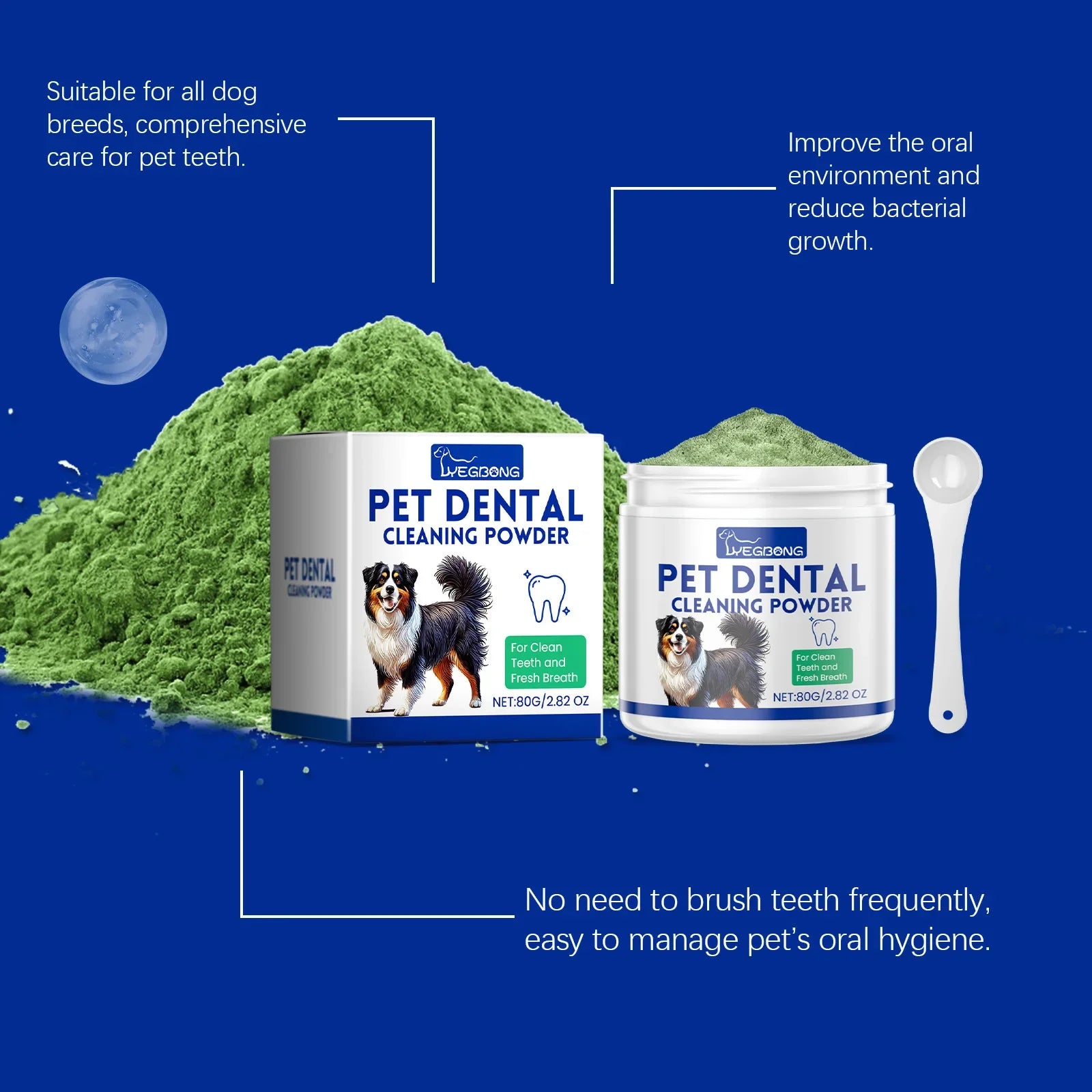 YEGBONG Natural Fresh Breath Dog Teeth Cleaning Powder Gentle Formula for Removing Plaque and Tartar Stains - Eliminates Odor
