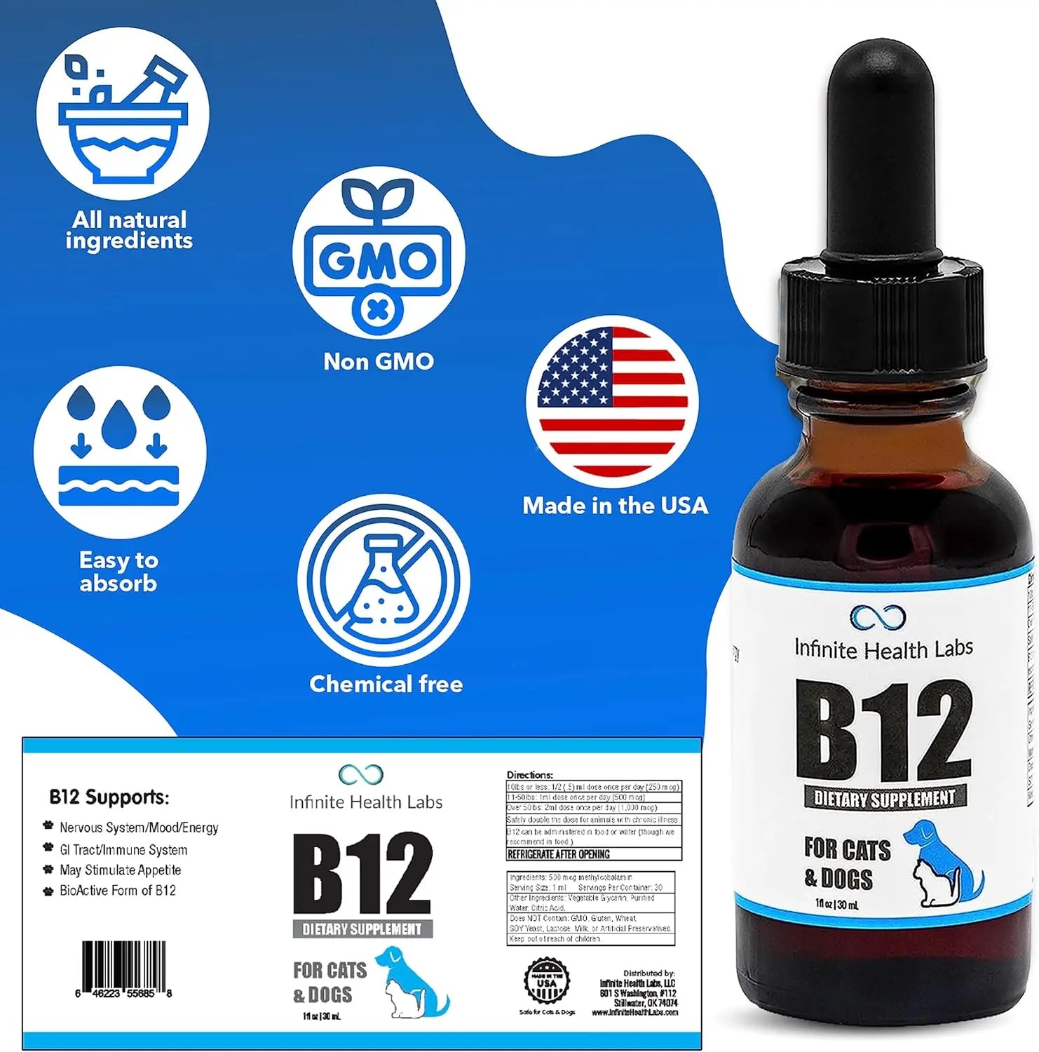 Liquid Vitamin B-12 for Dogs and Cats - Vet Formulated - Effective for All Animals Methylcobalamin (Methyl B12) - Energy, Appeti