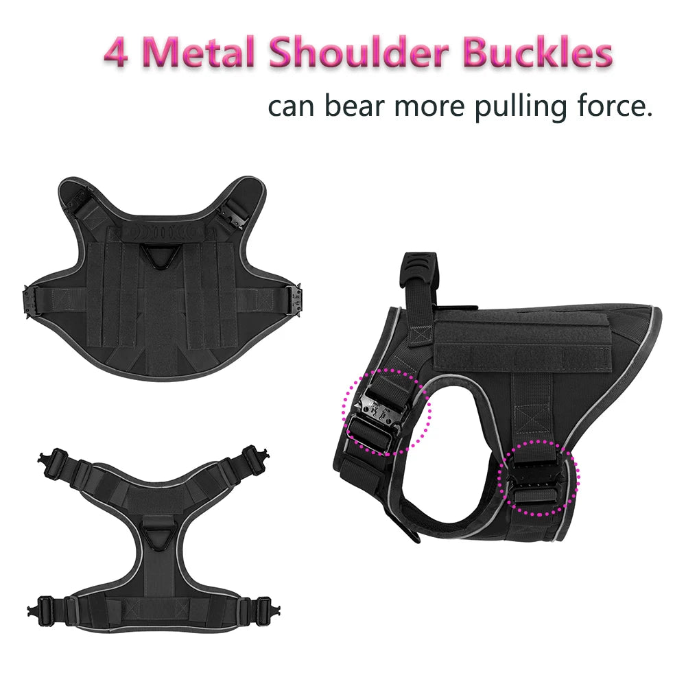 Reflective Dog Harness with 4 Metal Buckles Military Pet Training Vest Harnesses Leash Patches Tactical Large Dogs Accessories