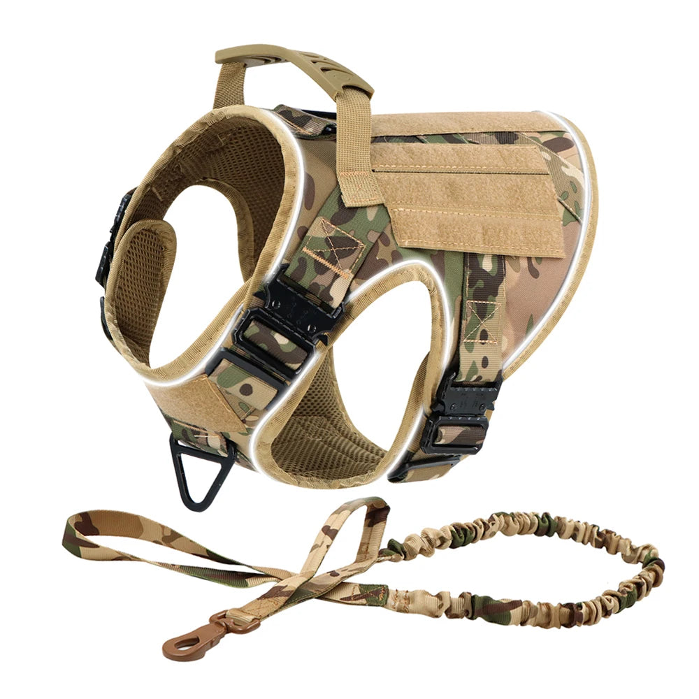 Reflective Dog Harness with 4 Metal Buckles Military Pet Training Vest Harnesses Leash Patches Tactical Large Dogs Accessories