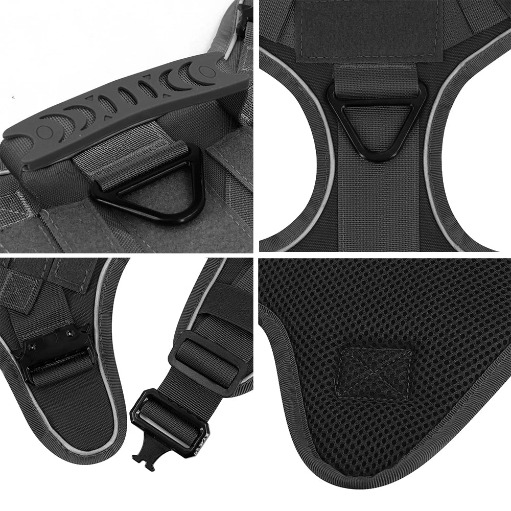 Reflective Dog Harness with 4 Metal Buckles Military Pet Training Vest Harnesses Leash Patches Tactical Large Dogs Accessories