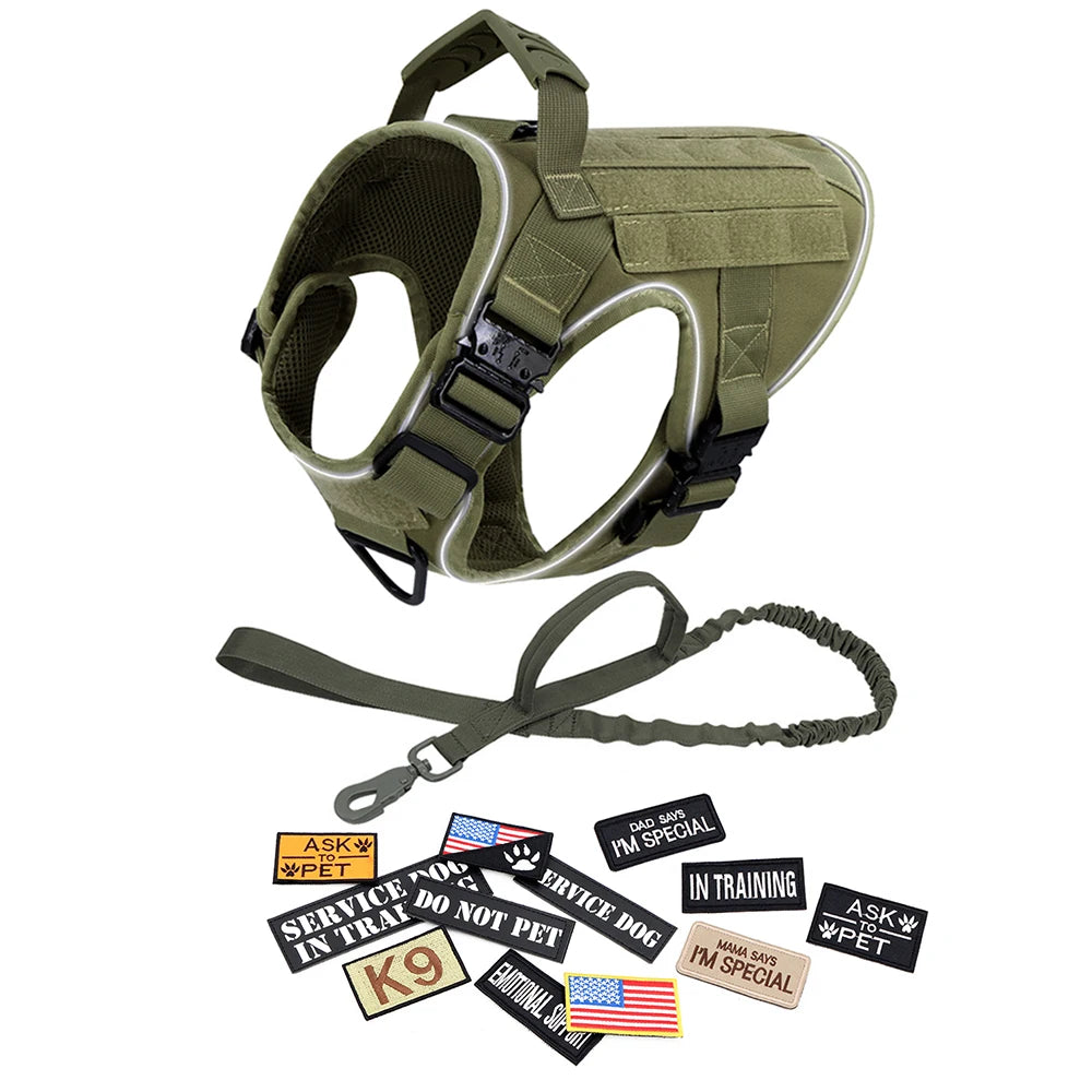 Reflective Dog Harness with 4 Metal Buckles Military Pet Training Vest Harnesses Leash Patches Tactical Large Dogs Accessories