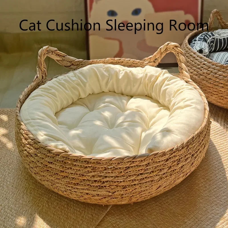 Natural Woven Cat Bed with Washable Pad