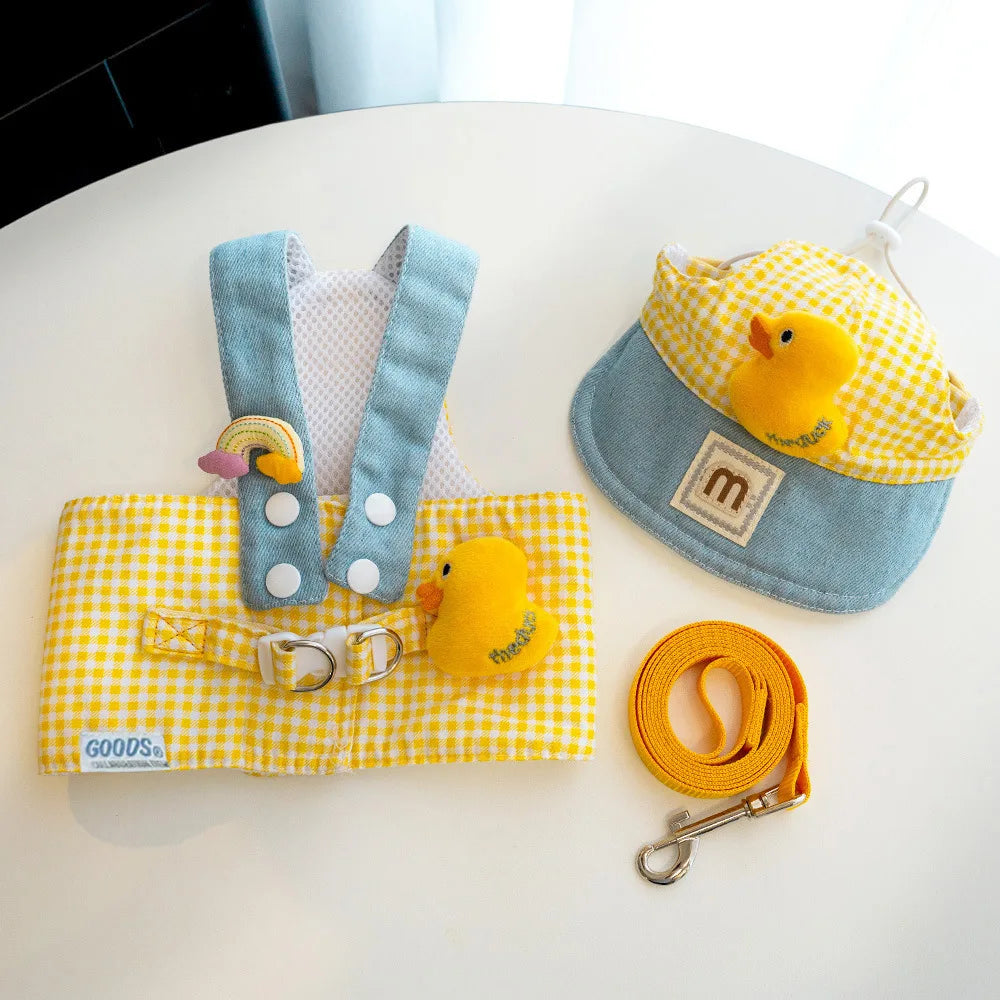 Three-piece Set Duck Frog Spring and Summer Pet Chest Harness Traction Rope Set - Breathable Fabric - For Cats & Puppies - Suita