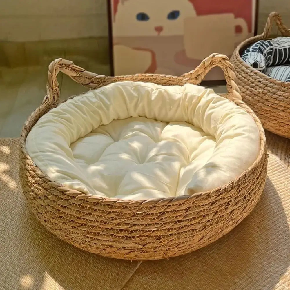 Natural Woven Cat Bed with Washable Pad